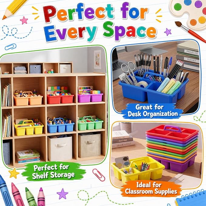 WILLBOND 12 Pcs Classroom Caddy with Handle Bulk Plastic Storage Caddy Organizer with 5 Compartment Portable Storage Bin for Pencil, Pen, Crayon, Marker, Home, Office, School Supply(Multicolor)