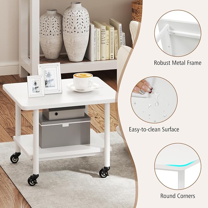GOFLAME Under Desk Printer Stand, 2-Tier Mobile Printer Table with Storage Shelf, Metal Frame, Rolling Printer Cart Holder Storage Rack with Lockable Wheels for Home Office, White