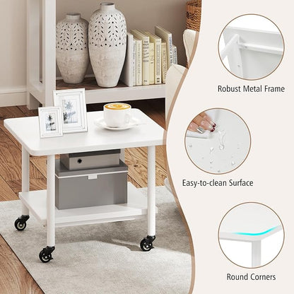 GOFLAME Under Desk Printer Stand, 2-Tier Mobile Printer Table with Storage Shelf, Metal Frame, Rolling Printer Cart Holder Storage Rack with Lockable Wheels for Home Office, White