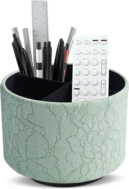 Round Leather Art Supply Organizer,Remote Control Holder,360 Degree Spinning,Multi-Functional Pencil Holder,4 Compartments Desktop Stationary Organizer(1-Lace Flower Green1)