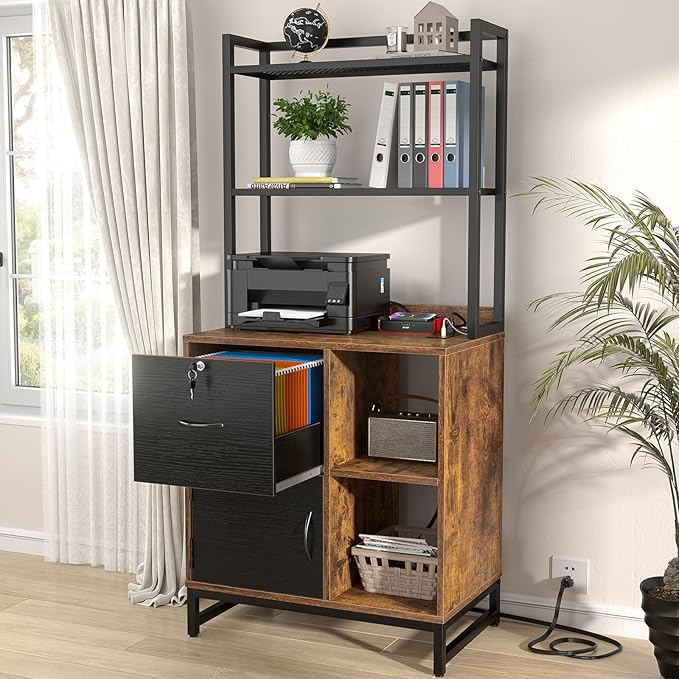 Homieasy Vertical Filing Cabinet with Bookshelf for Home Office, File Cabinet with Shelves, Lock & Charging Station, Drawer Office File Cabinets with Printer Stand, fits Letter Size, Rustic Brown