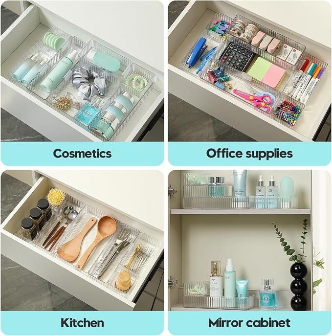 7 Pcs Clear Stackable Drawer Organizer Bins with 7 Connector Clips | 4 Sizes Interlocking Trays for Bathroom, Vanity, Makeup, Office Desk & Kitchen; Clear PET, Non-Slip, Stackable