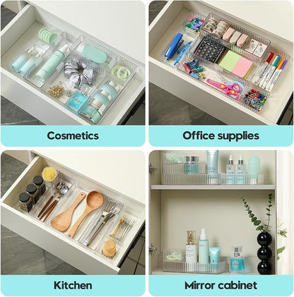 7 Pcs Clear Stackable Drawer Organizer Bins with 7 Connector Clips | 4 Sizes Interlocking Trays for Bathroom, Vanity, Makeup, Office Desk & Kitchen; Clear PET, Non-Slip, Stackable