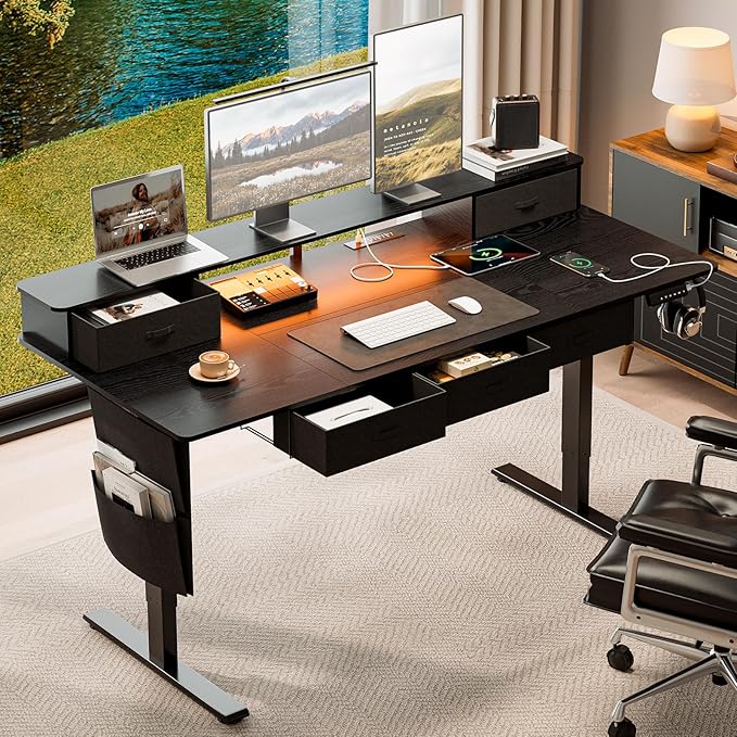 71x32″ Electric Standing Desk with 5 Drawers, Sit Stand Desk with Power Outlets, Monitor Shelf, RGB LED Lights and Cable Management, Height Adjustable 28.3"-47.2" for Home & Office, Black