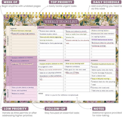 Weekly To Do List Notepad with 52 Undated Sheets（8.5"×11"）- Undated Weekly Planner Notepad for Office Desk Accessories and Supplies - Twilight Garden