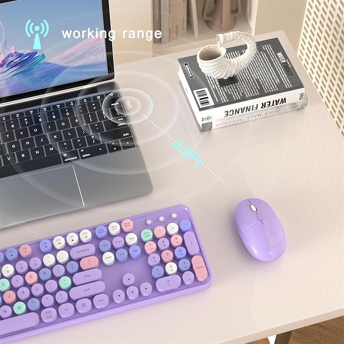 MPTOG Colorful Wireless Computer Keyboard and Mouse Combo with Round Typewriter Keycaps, Retro Design, Power Switch, Ergonomic Design, 2.4GHz Wireless for Windows, Mac, PC(Purple-Colorful)