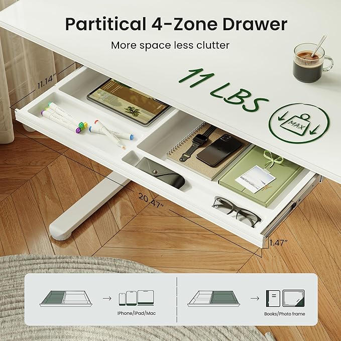 CubiCubi 48x24 Standing Desk with Glass Top, Height Adjustable Computer Desk with Drawer, One-piece Rising Home Office Desks with Positon Memory, Sit Stand Up Electric Workstation Table, White