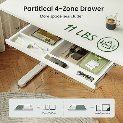 BANTI 48"x24" Standing Desk with Glass Top, Height Adjustable Computer Desk with Drawer, One-piece Rising Home Office Desks with Positon Memory, Sit Stand Up Electric Workstation Table, White
