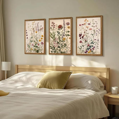 WRFON Botanical and Flower Canvas Wall Art, Framed Wildflower Wall Art Set of 3, Vintage Meadow Flower Canvas Prints, Cottagecore Floral Decor for Living Room Bedroom Bathroom Farmhouse Home, 20x30