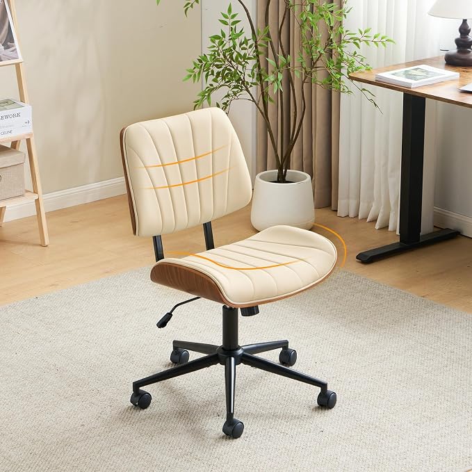 VINGLI Wide Curved Seat&Back Armless Home Office Chair,Ergoromic Adjustable-Height Desk Chair,Swivel&Tilting Function,Stylish Walnut Task Chair for Meeing Room,Dining Room,PU,Khaki