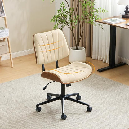 VINGLI Wide Curved Seat&Back Armless Home Office Chair,Ergoromic Adjustable-Height Desk Chair,Swivel&Tilting Function,Stylish Walnut Task Chair for Meeing Room,Dining Room,PU,Khaki