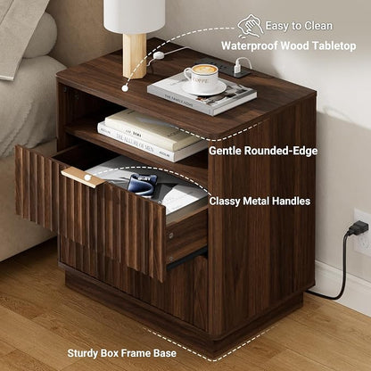 Fluted Nightstand, Night Stand Set 2, 23" Wide Walnut Nightstands Set of 2 with Charging Station, 2 Drawers Wooden End Table w/Storage, Large Modern Bedside Table for Bedroom,Curved Corners