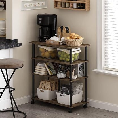 Furinno Helena 4-Tier Multifunction Rolling Open Shelves Storage Cart Organizer, Columbia Walnut/Black