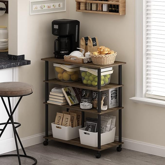 Furinno Helena 4-Tier Multifunction Rolling Open Shelves Storage Cart Organizer, Columbia Walnut/Black