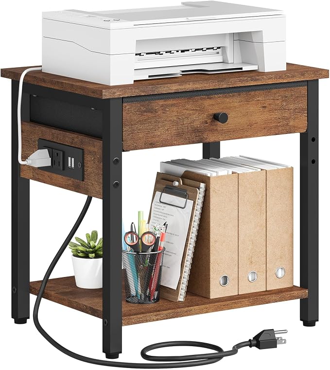 Gewudraw Printer Stand with Charging Station, 2-Tier Under Desk Printer Table, Side Table with Storage Shelves for Home Office, Living Room, Bedroom, Bathroom, Brown