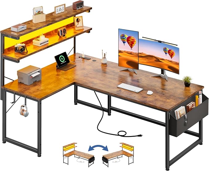 DurayLoly 53'' L Shaped Desk Gaming Desk with LED Light & 5 Power Outlet, Reversible Computer Desk with Shelves & Storage Bag & Hook for Home Office, Rustic Brown