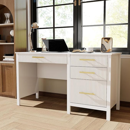 Fluted Executive Desk with Drawers: 54" White Home Office Desks with File Drawers, Modern Computer Desk with Gold Handles, Writing Table for Study, Living Room (White, 54")