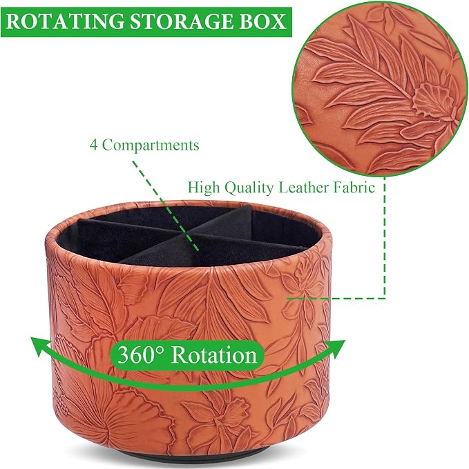 Round Leather Art Supply Organizer,Remote Control Holder,360 Degree Spinning,Multi-Functional Pencil Holder,4 Compartments Desktop Stationary Organizer(1-Carved Brown)