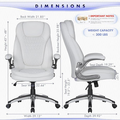 COLAMY High Back Executive Office Chairs Set of 2, Ergonomic PU Leather Desk Chairs with Flip-Up Armrests, Adjustable Height, Lumbar Support, Comfortable Computer Chairs for Home Office, White