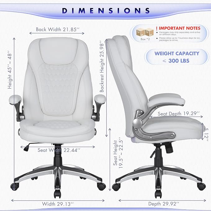 COLAMY Office Chair Ergonomic Desk Chair Set of 2-Executive Office Chair with Upgraded Caters, High Back Computer Chair Flip-up Arms, Swivel Leather Chair for Work/Study, 300lbs, White