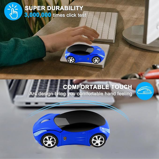 SHARE SUNSHINE Colorful 3D Sport Car Shape Mouse 2.4GHz Wireless Mouse 1600DPI 3 Buttons Optical Ergonomic Gaming Mice with USB Receiver for PC Laptop Computer (Blue)