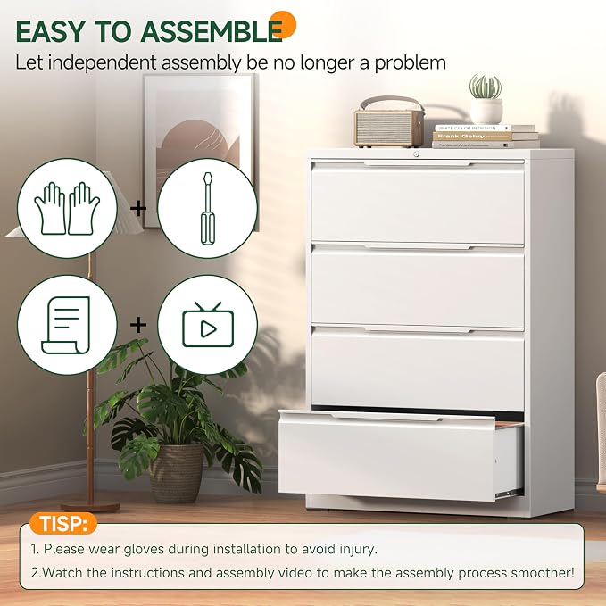 Lateral File Cabinet 4 Drawer, Metal File Cabinet with Lock | Filing Cabinets for Home Office, Black Locking Deep Drawer for Hanging Files Letter/Legal/A4/F4 Size, Assembly Required