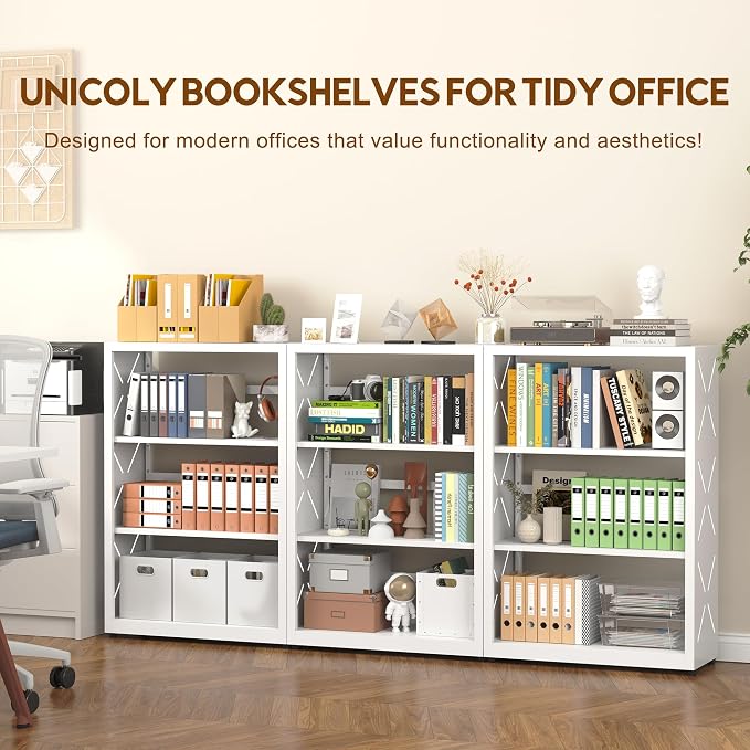 UNICOLY Bookshelves and Bookcases, 3 Tier Metal Bookshelf with Adjustable Shelves and Bookends, Open Shelf Bookcase, Display Shelves for Home Decor Bedroom, Living Room, Home Office, White