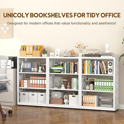 UNICOLY Bookshelves and Bookcases, 3 Tier Metal Bookshelf with Adjustable Shelves and Bookends, Open Shelf Bookcase, Display Shelves for Home Decor Bedroom, Living Room, Home Office, White