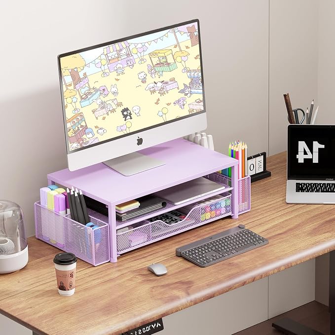 OPNICE Desk Organizers and Accessories, 2-Tier Computer Monitor Stand Riser with Drawer and 2 Pen Holders, Laptop Stand, Office Desk Accessories & Office Decor for Women, Purple