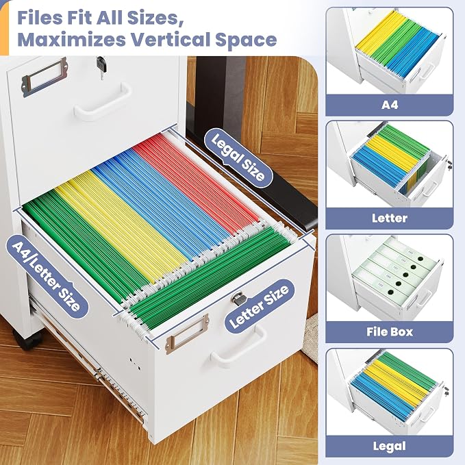 2-Drawer Rolling File Cabinet with Lock, Mobile Vertical File Cabinet for Hanging A4/Letter/Legal Size Folder, Under Desk Small Filing Cabinets for Home Office, Assembly Required,White