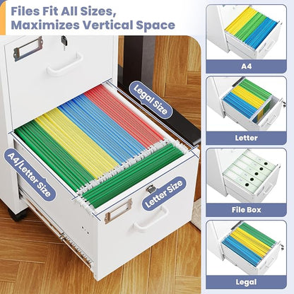 2-Drawer Rolling File Cabinet with Lock, Mobile Vertical File Cabinet for Hanging A4/Letter/Legal Size Folder, Under Desk Small Filing Cabinets for Home Office, Assembly Required,White