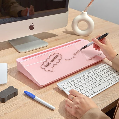GAROOD Desktop Dry Erase Board with Storage Pink Color Desk White Board Desk Board Glass Desktop White Board with Stand Home Office Organizer Phone Holder 15.8X7X2 inches