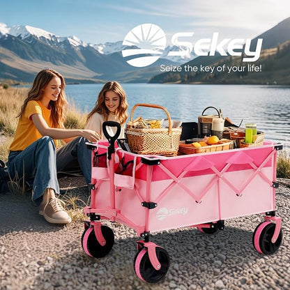 Sekey 220L Wagons Carts Foldable with Big All-Terrian Beach Wheels, Collapsible Heavy DutyWagon with Cup Holders, Extra Large Folding Wagon,Foldable Wagon for Camping, Garden, Sports.Pink