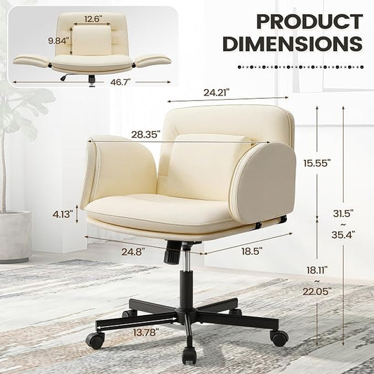 Furmax Vanity Chair with Adjustable Armrests, Comfortable Oversized PU Leather Criss Cross Chair with Wheels, Wide Office Desk Chair for Home, Make Up, Bed Room (Beige)