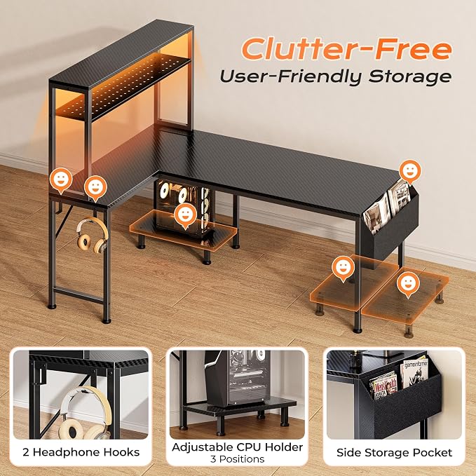 PRAISUN L Shaped Gaming Desk with LED Lights & Power Outlets, Reversible Computer Desk with Storage Shelves & Bag, Large Corner Home Office Desk with Pegboard for Work from Home, Carbon Fiber Black