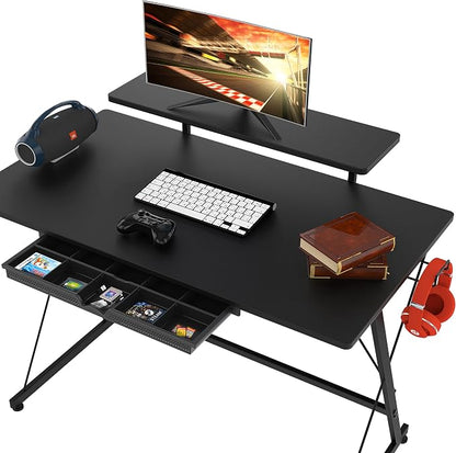 SHW 40-Inch Gaming Desk with Monitor Riser, Drawer and Hooks, Black