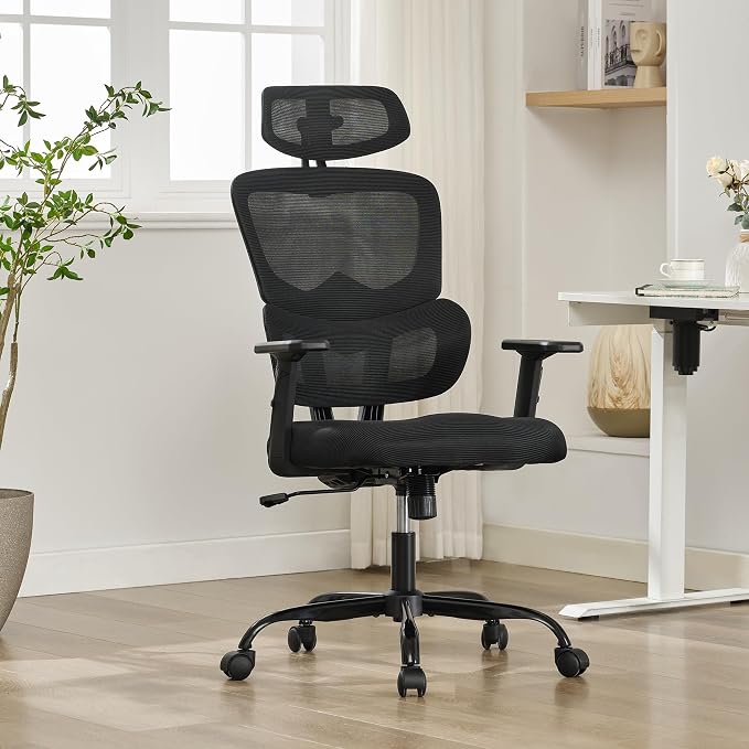 Ergonomic Office Chair,Home Mesh Office Desk Chairs,High Back Office Chair 330 LBS,Swivel Computer Task Chair with 2D Armrest,Lumbar Support,Adjustable Headrest,Rocking Function (Black)