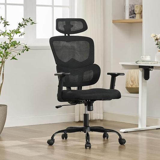 Ergonomic Office Chair,Home Mesh Office Desk Chairs,High Back Office Chair 330 LBS,Swivel Computer Task Chair with 2D Armrest,Lumbar Support,Adjustable Headrest,Rocking Function (Black)