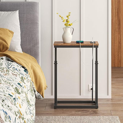TUTOTAK End Table with Charging Station, Side Table, Tall Couch Table, Sofa Table, Living Room, Bedroom,Brown TB01BB084