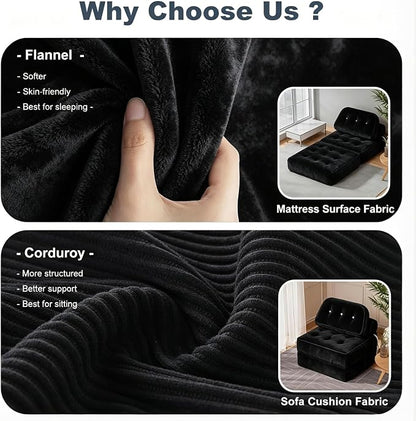 Folding Sofa Bed, Flannel Futon Couch Bed with Pillow and Blanket, Convertible Sleeper Chair for Small Space Apartment Guest Room, Black