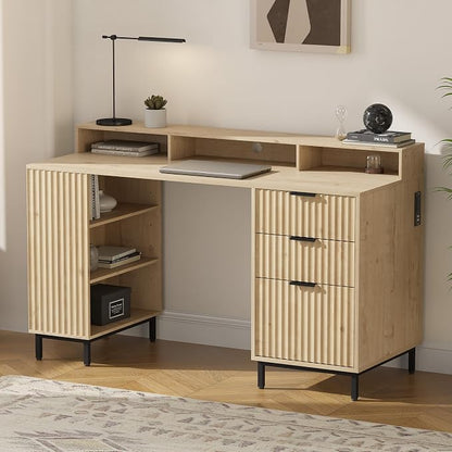 EYYTHUNG 55" Fluted Executive Desk with Charging Station, Modern Wood Home Office Desk with with Storage Shelf & File Drawer, Writing Study Computer Table for Work Study, Light Oak