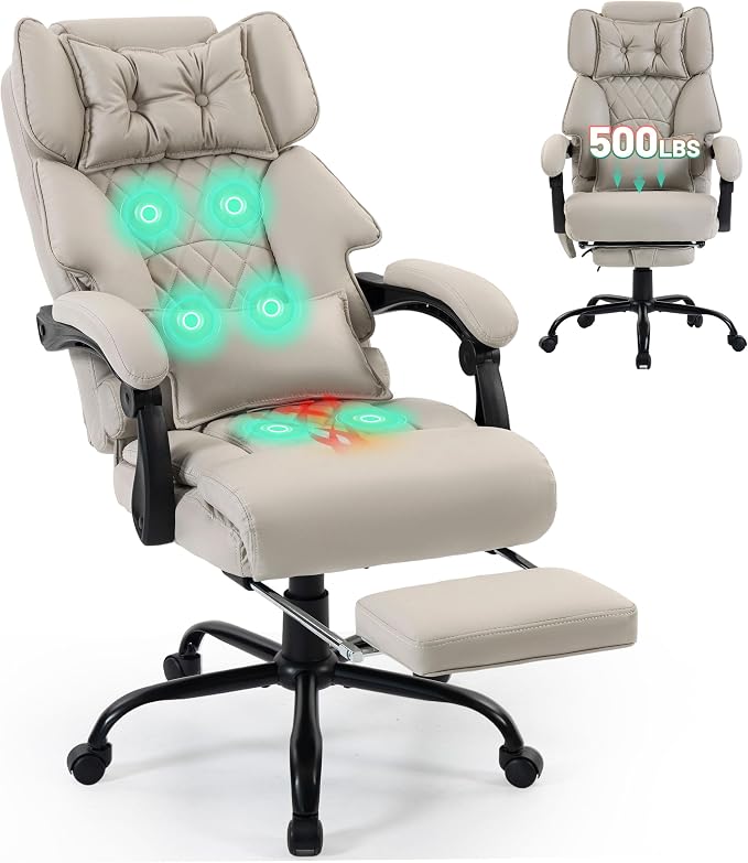 Massage Office Chair with Foot Rest,6 Points Vibration & Heat Executive Office Chairs for Heavy People,500LBS Big and Tall Office Chair,Ergonomic Reclining Desk Chair,Dual-Use Pillow,Home Office,Beige