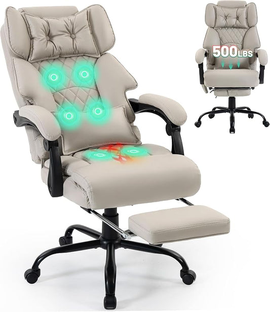 Massage Office Chair with Foot Rest,6 Points Vibration & Heat Executive Office Chairs for Heavy People,500LBS Big and Tall Office Chair,Ergonomic Reclining Desk Chair,Dual-Use Pillow,Home Office,Beige