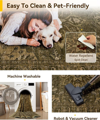RELEANY Area Rugs 4'x5' Washable Non-Slip, Floral Vintage Distress Medallion Carpet for Living Room Bedroom Dining Room, Brown Dark Brown