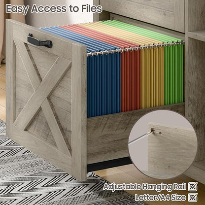 Befrases Farmhouse File Cabinet with Doors, Lateral Filing Cabinet with 2 Drawers for Letter/A4 Size Hanging Files, Large Wooden Printer Stand with Open Shelf for Home Office, Rustic Grey