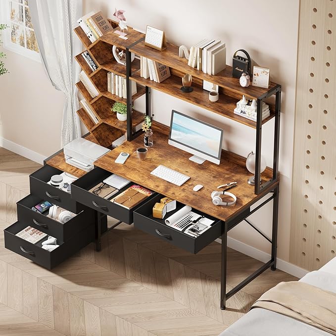 YOMILUVE Reversible Computer Desk with Hutch, Home Office Desk with 5 Drawers and Bookshelf, 52'' Study Writing Desk with Storage Shelves for Bedroom Home Office, Rustic Brown