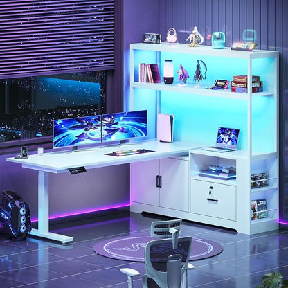 SEDETA 56.7" L Shaped Standing Desk, Reversible Computer Office Desk with Drawers & Hutch, Stand Up Corner Gaming Desks with LED Lights & Power Outlets for Home Office, White