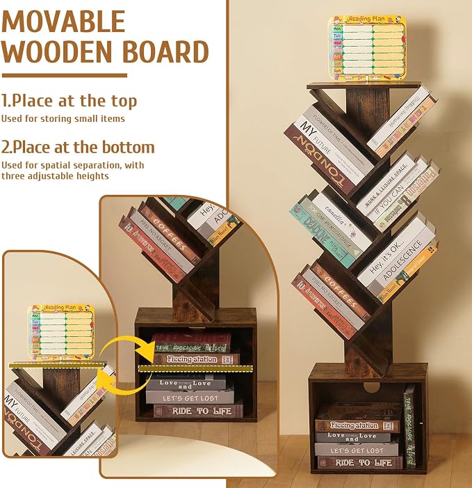 7 Tier Tree Book shelf, Small Bookcase with Reading Planner and Activity Panel, Modern Floor Standing Corner Tall Narrow Storage Cabinet Bookshelves for Home Office Bedroom Living Room (Rustic Brown)