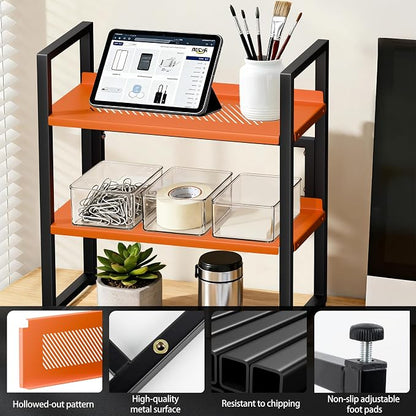 Brakki Desk Shelf Organizer, Adjustable 2 Tier Metal Desktop Shelves, Desktop Bookshelf Organization with Foot Mat, Multi-Functional Small Storage Rack for Office Dorm Home, Black and Orange