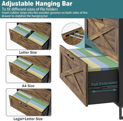 Vabches Lateral File Cabinet 2 Drawers File Cabinet with Charging Station, Modern Farmhouse Large Wood Home Office Furniture, Rustic Brown and Black